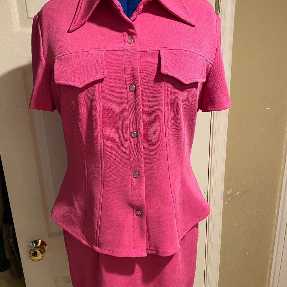 Vintage HOT pink stretchy suit with mini
